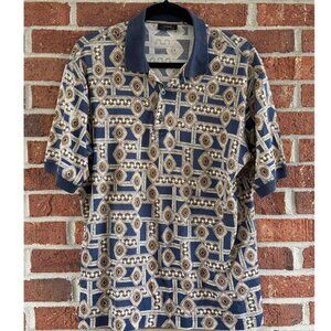 Como Sport Made in Italy Vintage Geometric Print Polo Shirt Navy Gold Retro 90s